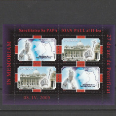 PAPA IOAN PAUL ALII-LEA,2005 BLOC,NEUZAT,MNH, ROMANIA.