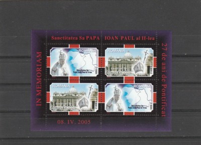 PAPA IOAN PAUL ALII-LEA,2005 BLOC,NEUZAT,MNH, ROMANIA. foto