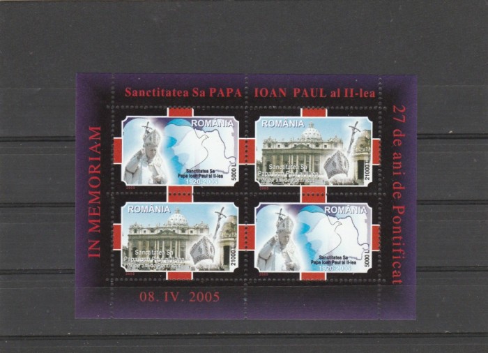 PAPA IOAN PAUL ALII-LEA,2005 BLOC,NEUZAT,MNH, ROMANIA.