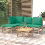 Cumpara ieftin Set mobilier de grădină cu perne verzi, 5 piese, bambus