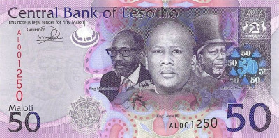 LESOTHO █ bancnota █ 50 Maloti █ 2013 █ P-23 █ UNC █ necirculata foto