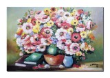 Tablou cu flori colorate si carti pictat manual, Beatitudine, 60x40cm ulei pe panza, Constantin Feraru