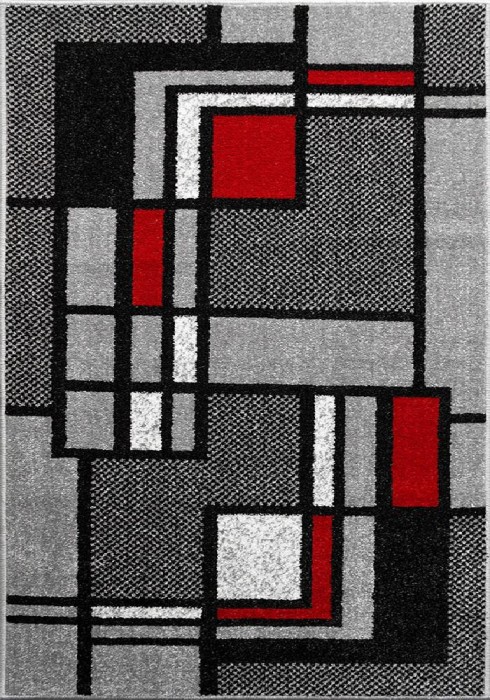 Covor Model Cappuccino 16406-985, Marime 60 x 110 cm, Gri, Negru, Rosu, Inaltime Fir 7 mm, Antialergic, Polipropilena, Living, Dormitor, Sufragerie, B