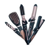 Perie electrica 5 in 1 cu 5 capete, indreptare, ondulare, creare valuri, negru-rose