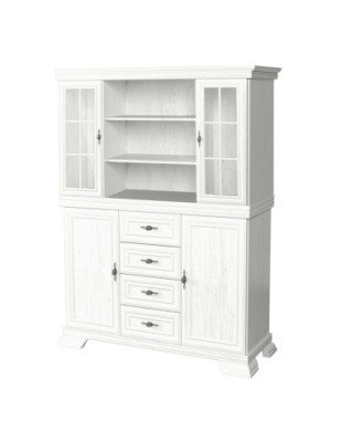 Set comoda living si dormitor, VM3, 4 sertare, 2 usi si vitrina suprapozabila VMN4, 2 usi, 2 polite, Pal melaminat, cu insertii MDF, Alb Antichizat foto