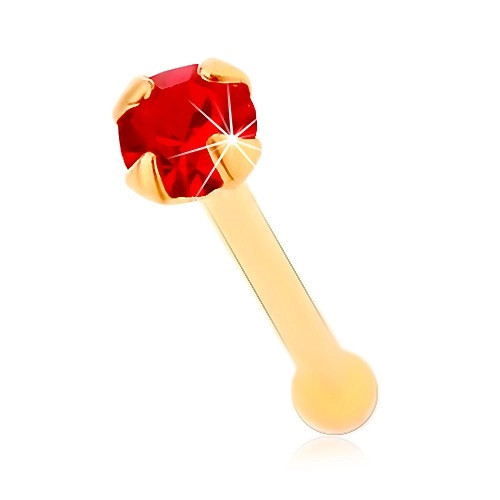 Piercing pentru nas din aur galben de 14K, drept - zirconiu rotund, roșu strălucitor, 1,5 mm