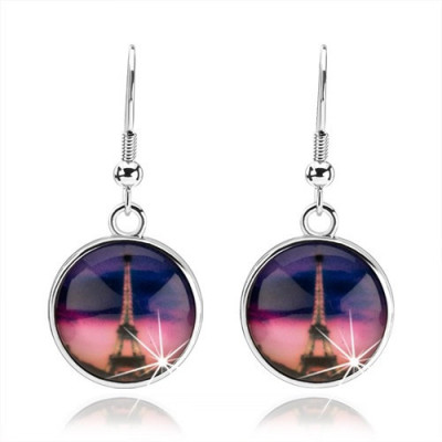 Cercei cabochon, smal&amp;Aring;&amp;pound; transparent, convex, turnul Eiffel, fond roz cu violet foto