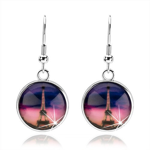 Cercei cabochon, smal&Aring;&pound; transparent, convex, turnul Eiffel, fond roz cu violet