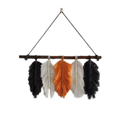 Decoratiune perete stil macrame, 0052FD, sfoara bumbac, alb+ negru + portocaliu, 20 x 50 cm foto