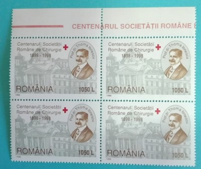 TIMBRE ROMANIA 1998 LP1453 CENTENAR SOC. ROMANA CHIRURGIE BLOC 4 VALORI MNH foto