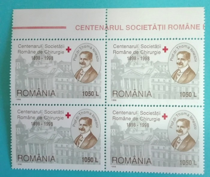 TIMBRE ROMANIA 1998 LP1453 CENTENAR SOC. ROMANA CHIRURGIE BLOC 4 VALORI MNH