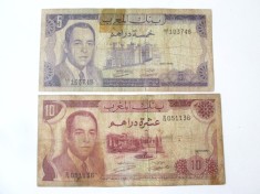 Maroc lot 2 bancnote uzate:5 + 10 Dirhams 1970,produsele din imagini