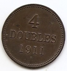 Guernsey 4 Doubles 1911 H - Bronz, 26.1 mm KM-5 foto