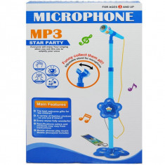 Microfon cu baterii si suport albastru foto