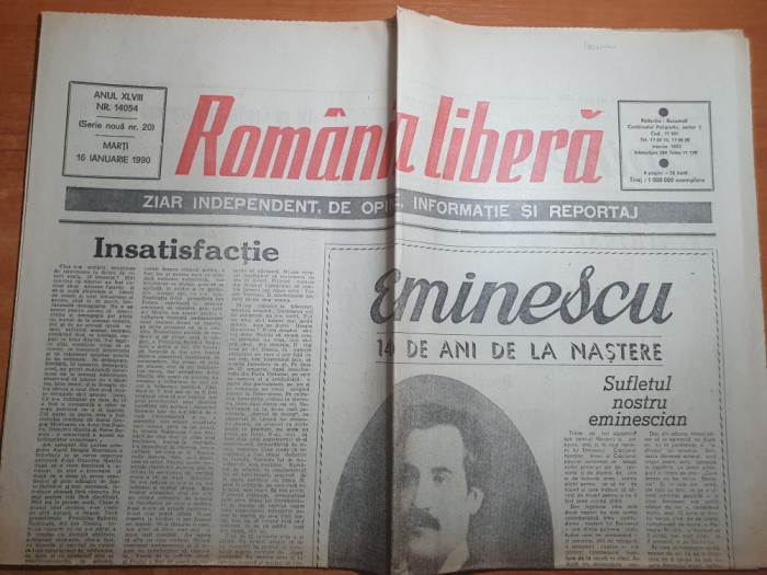 romania libera 16 ianuarie 1990-140 ani de la nasterea lui eminescu,paul n.mizil
