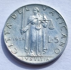260. Moneda Vatican 5 lire 1958 (AN) (tiraj 30.000 buc) (Al 260-lea Papa Pius al XII-lea)