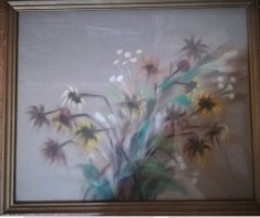 Tablou mare f frumos, flori, tehnică mixtă, ramă, sticlă, Gălușcă Paraschiva