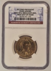United States SUA Statele Unite 1 Dollar 2007 John Adams BUNC KM#402 NGC
