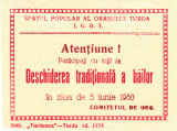BILET INTRARE BAI TURDA 1960 DESCHIDERA BAILOR, ROMANIA