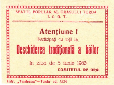 BILET INTRARE BAI TURDA 1960 DESCHIDERA BAILOR, ROMANIA foto