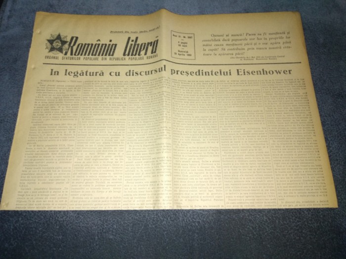 ZIARUL ROMANIA LIBERA 26 APRILIE 1953 DISCURSUL PRESEDINTELUI EISENHOWER