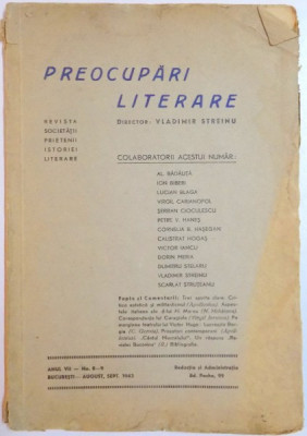 PREOCUPARI LITERARE , DIRECTOR : VLADIMIR STREINU , ANUL VII , NR. 8-9 , AUGUST, SEPTEMBRIE 1942 foto