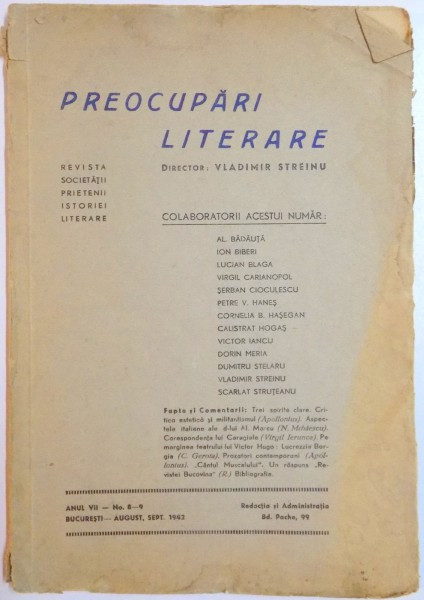 PREOCUPARI LITERARE , DIRECTOR : VLADIMIR STREINU , ANUL VII , NR. 8-9 , AUGUST, SEPTEMBRIE 1942