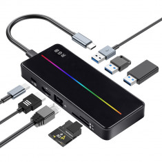 Hub USB portabil de andocare multifunctional, VisionHub®, 8 in 1 USB C, Port Internet, Cititor de carduri SD/TF, HDMI 4k, UBS 3.0, RGB cu luminare LED