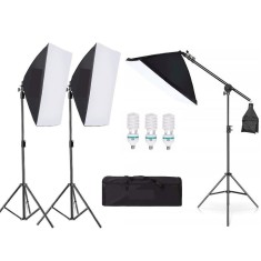 Kit de 3 softboxuri cu macara ajustabila, 3 trepiezi reglabili 200 cm, 3 becuri 85W, geanta de transport inclusa