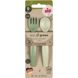 Set tacamuri Eat Green pentru bebelusi, lingurita si furculita, din plastic bio, lavabile in masina de spalat vase, 9+ luni, nip 38605, green Children