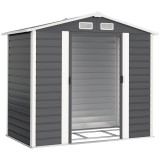 Outsunny Magazie de Grădină din Tablă de Oțel cu 4 Orificii de Ventilație și 2 Uși Glisante, 213x120x194 cm, Gri &Icirc;nchis | Aosom Romania