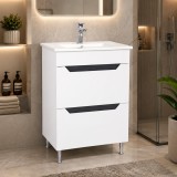 Baza si lavoar ceramic GN0561, mobilier baie stativ 60 cm, dreptunghiular, front MDF, 2 sertare, glisiere soft close, picioare cromate reglabile, alb
