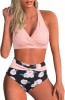 Costum Baie Dama 2 Piese Adigaber Roz, Slip Talie Inalta, Marimea M, Sexy, Plaja, Piscina