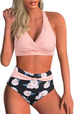 Costum de baie pentru femei Adigaber, 2 piese, slip cu talie inalta, roz, M - OUTLET