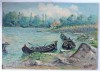 (T) Pictură &icirc;n ulei pe carton &ndash; barci la malul apei, posibil Delta Dunarii, semnat FraVit, 30&times;21 cm, Peisaje, Impresionism
