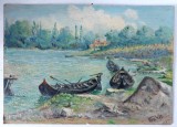 (T) Pictură &icirc;n ulei pe carton &ndash; barci la malul apei, posibil Delta Dunarii, semnat FraVit, 30&times;21 cm