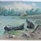 (T) Pictură &icirc;n ulei pe carton &ndash; barci la malul apei, posibil Delta Dunarii, semnat FraVit, 30&times;21 cm