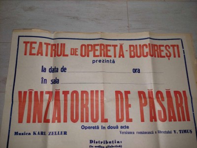 Afis Vechi TEATRUL de OPERETA BUCURESTI-VANZATORUL DE PASARI,Opereta in 2 acte foto