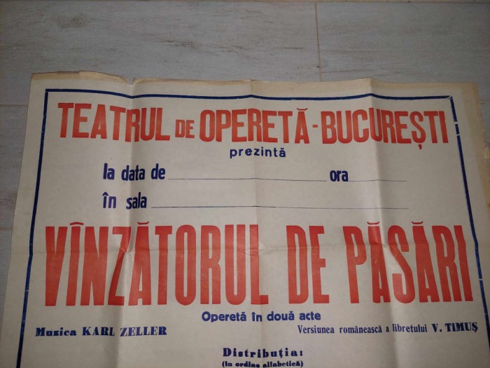 Afis Vechi TEATRUL de OPERETA BUCURESTI-VANZATORUL DE PASARI,Opereta in 2 acte