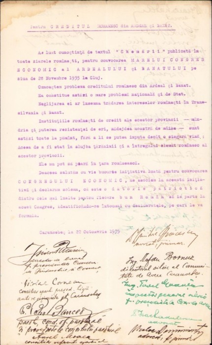 A428 Intelectualii orașului Caransebeș, declarație de susținere a Marelui Congres Economic al Ardealului și Banatului, 1935