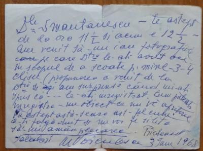 Scrisoare a actritei si regizoarei Marioara Voiculescu catre Dan Smantanescu, 1968 foto