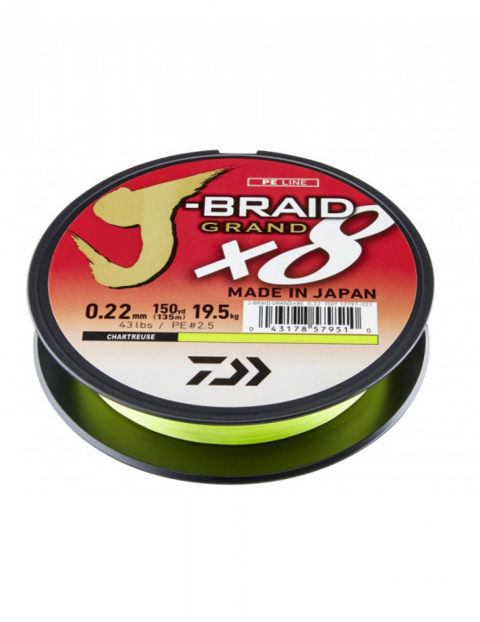 Fir Textil Daiwa J-Braid Grand X8, Culoare Chartreuse, 135m,Variante Fire 0.20 mm