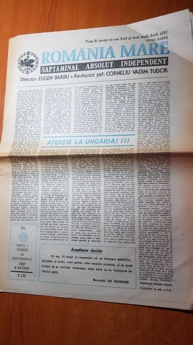 ziarul romania mare 14 septembrie 1990 -articolul &quot; atentie la ungaria &quot;