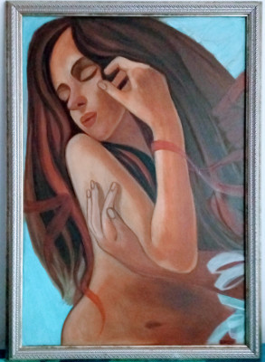 Tablou NUD pictat manual in ulei pe panza , 60x43 cm, rama lemn foto