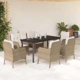 VidaXL Set de masă pentru grădină, 7 piese, cu perne, bej, poliratan