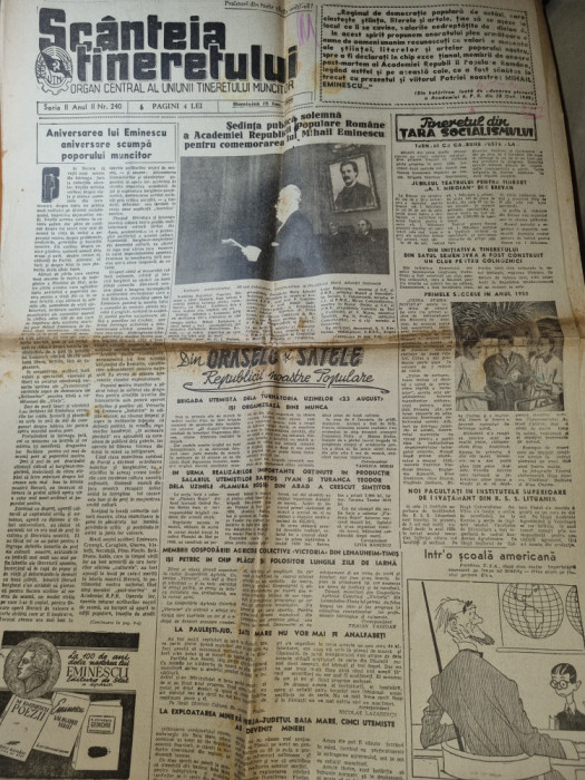 scanteia tineretului 15 ianuarie 1950-100 ani de la nasterea lui mihai eminescu