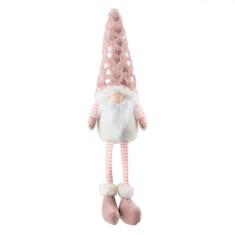 Figurină Decorativă Moș Crăciun Gnome, Căciulă Blană Artificială Roz, Inimioare Holografice, Barba Lungă, Corp Catifea Alb, Picioare Suspendate Dungi,