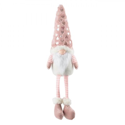 Figurină Decorativă Moș Crăciun Gnome, Căciulă Blană Artificială Roz, Inimioare Holografice, Barba Lungă, Corp Catifea Alb, Picioare Suspendate Dungi, foto