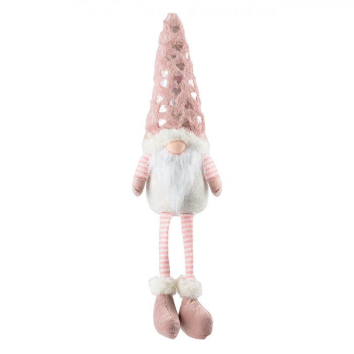 Figurină Decorativă Moș Crăciun Gnome, Căciulă Blană Artificială Roz, Inimioare Holografice, Barba Lungă, Corp Catifea Alb, Picioare Suspendate Dungi,
