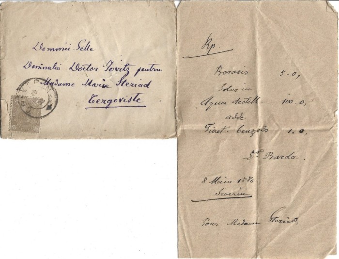 A3154N Rețetă magistrală scrisă de dr Barda din Turnu Severin și trimisă prin poștă doctorului Iovitz din T&acirc;rgoviște pentru o pacientă, 1880